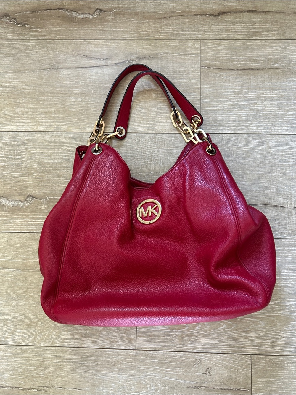 Michael Kors Red Pebbled Leather Hobo Shoulder Bag with Gold Hardware